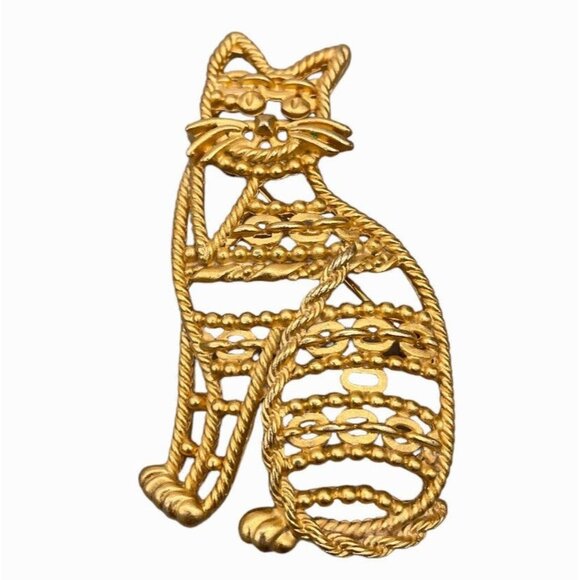 JC Joseph CLeary Cat Gold Tone Filagree Brooch - Picture 1 of 4